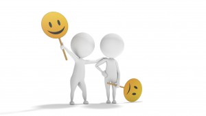 Two 3d white men with emoticons symbols like example of optimism and pessimism